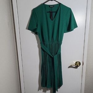 Allegra K Green Pleated Flutter Sleeve Midi Dress